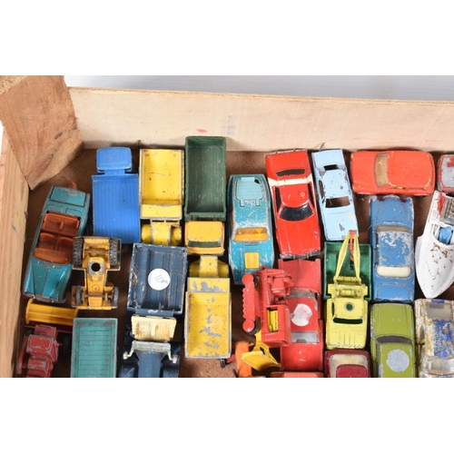 231 - TWO WOODEN FRUIT BOXES CONTAINING PLAYWORN DIE CAST VEHICLES, to include Dinky Range rover missing w... 