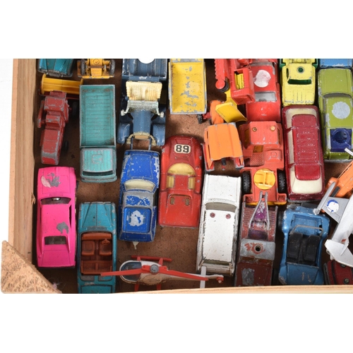 231 - TWO WOODEN FRUIT BOXES CONTAINING PLAYWORN DIE CAST VEHICLES, to include Dinky Range rover missing w... 