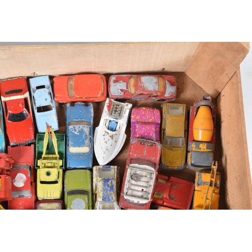 231 - TWO WOODEN FRUIT BOXES CONTAINING PLAYWORN DIE CAST VEHICLES, to include Dinky Range rover missing w... 