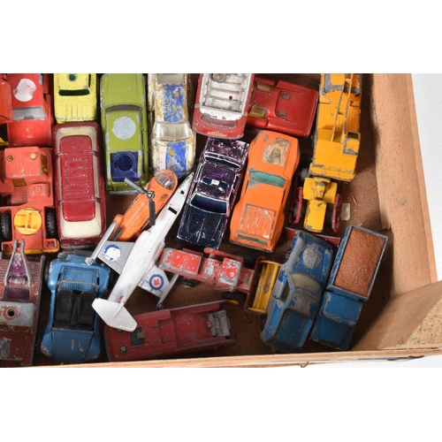 231 - TWO WOODEN FRUIT BOXES CONTAINING PLAYWORN DIE CAST VEHICLES, to include Dinky Range rover missing w... 