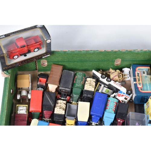 232 - TWO TRAYS OF PLAYWORN DIECAST VEHICLES, to include a Matchbox king size Refuse Truck, No. 15 Merrywe... 