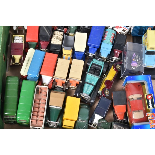 232 - TWO TRAYS OF PLAYWORN DIECAST VEHICLES, to include a Matchbox king size Refuse Truck, No. 15 Merrywe... 