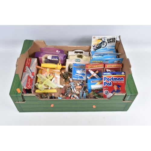 237 - THREE BOXES OF MODEL VEHICLES, FIGURES AND AIRCRAFTS, some boxed and some loose, items include a box... 