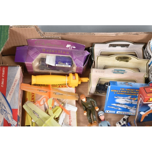 237 - THREE BOXES OF MODEL VEHICLES, FIGURES AND AIRCRAFTS, some boxed and some loose, items include a box... 