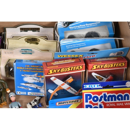 237 - THREE BOXES OF MODEL VEHICLES, FIGURES AND AIRCRAFTS, some boxed and some loose, items include a box... 