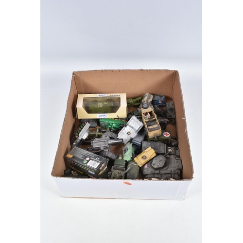 240 - TWO BOXES OF MIXED MODEL MILITARY VEHICLES, FIGURES AND PERSONNEL, to include various model tanks an... 