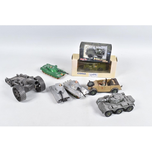 240 - TWO BOXES OF MIXED MODEL MILITARY VEHICLES, FIGURES AND PERSONNEL, to include various model tanks an... 