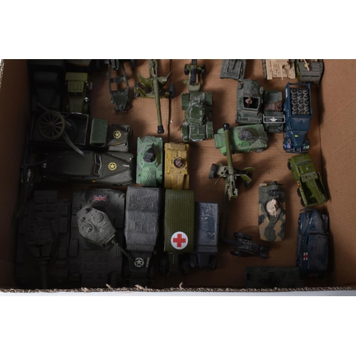 240 - TWO BOXES OF MIXED MODEL MILITARY VEHICLES, FIGURES AND PERSONNEL, to include various model tanks an... 