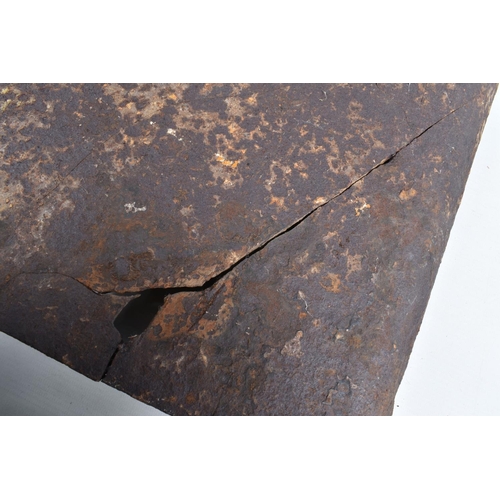 544 - A WWI RELIC OF A METAL SNIPERS PROTECTIVE PLATE, split in two with numerous cracks throughout, aged ... 