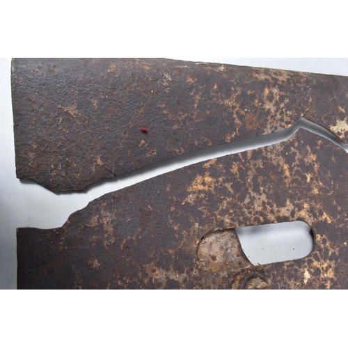 544 - A WWI RELIC OF A METAL SNIPERS PROTECTIVE PLATE, split in two with numerous cracks throughout, aged ... 