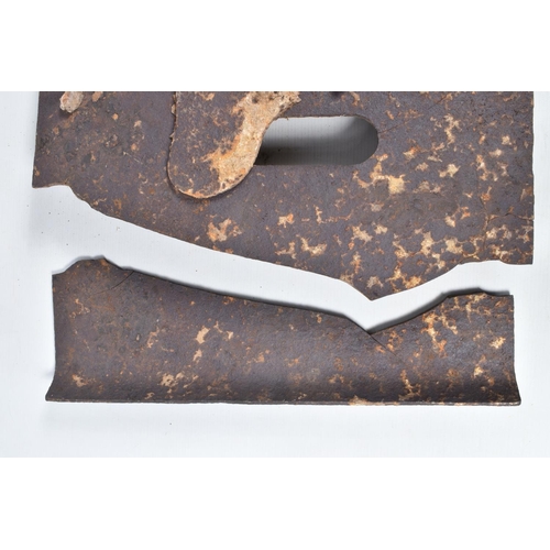 544 - A WWI RELIC OF A METAL SNIPERS PROTECTIVE PLATE, split in two with numerous cracks throughout, aged ... 