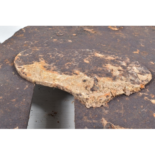 544 - A WWI RELIC OF A METAL SNIPERS PROTECTIVE PLATE, split in two with numerous cracks throughout, aged ... 