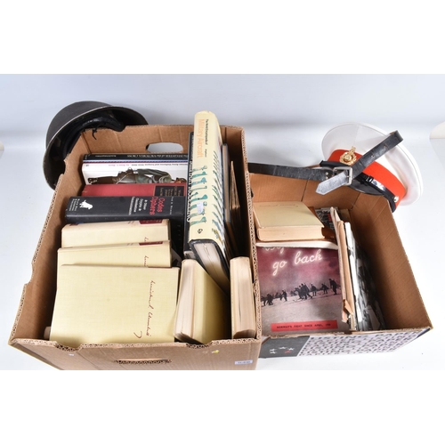 546 - TWO BOXES OF MILITARY RELATED HARDBACK AND PAPERBACK BOOKS AND OTHER MILITARY ITEMS, books include s... 