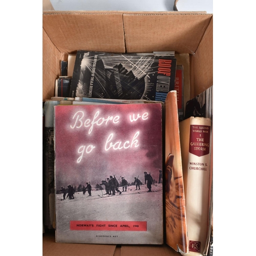 546 - TWO BOXES OF MILITARY RELATED HARDBACK AND PAPERBACK BOOKS AND OTHER MILITARY ITEMS, books include s... 