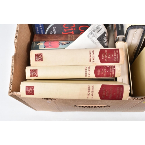 546 - TWO BOXES OF MILITARY RELATED HARDBACK AND PAPERBACK BOOKS AND OTHER MILITARY ITEMS, books include s... 