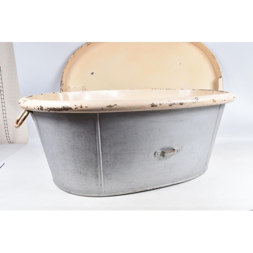 548 - A 19TH CENTURY HOME FRONT STEEL BATH WITH ORIGINAL TOP, this bath is cream in colour on the lid and ... 