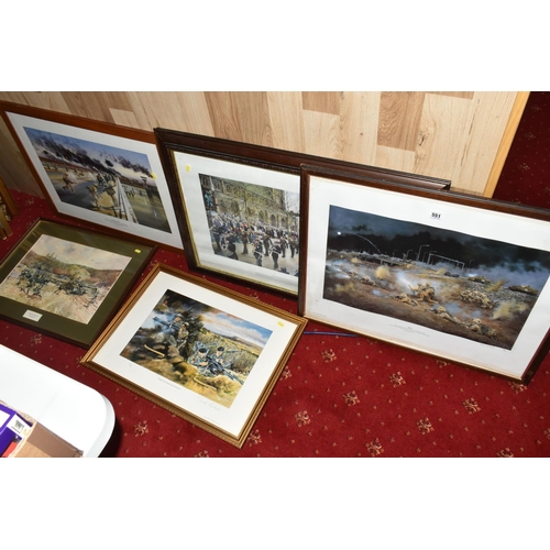 551 - FIVE FRAMED MILITARY PRINTS BY DAVID ROWLANDS, to include a limited edition Zulu! print, numbered 52... 