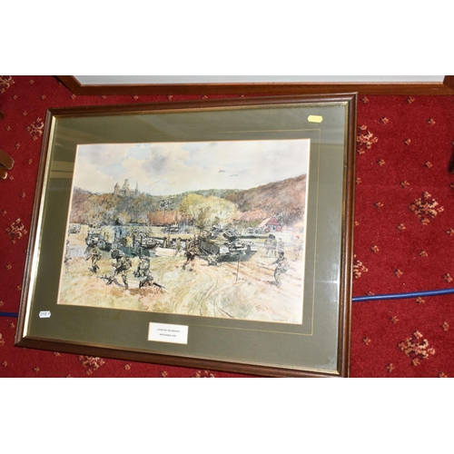 551 - FIVE FRAMED MILITARY PRINTS BY DAVID ROWLANDS, to include a limited edition Zulu! print, numbered 52... 