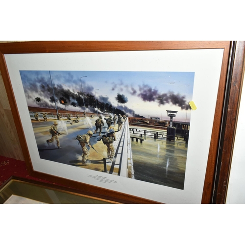 551 - FIVE FRAMED MILITARY PRINTS BY DAVID ROWLANDS, to include a limited edition Zulu! print, numbered 52... 