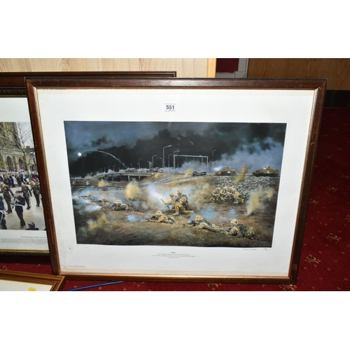 551 - FIVE FRAMED MILITARY PRINTS BY DAVID ROWLANDS, to include a limited edition Zulu! print, numbered 52... 