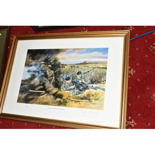 551 - FIVE FRAMED MILITARY PRINTS BY DAVID ROWLANDS, to include a limited edition Zulu! print, numbered 52... 