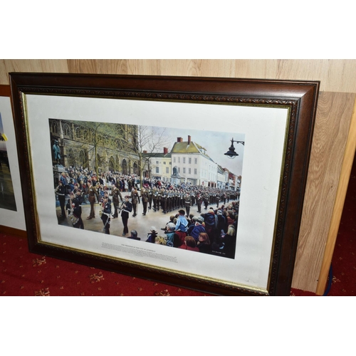 551 - FIVE FRAMED MILITARY PRINTS BY DAVID ROWLANDS, to include a limited edition Zulu! print, numbered 52... 