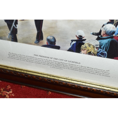 551 - FIVE FRAMED MILITARY PRINTS BY DAVID ROWLANDS, to include a limited edition Zulu! print, numbered 52... 