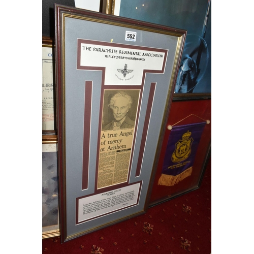 552 - MILITARY AND AIRFORCE INTEREST, a group of framed prints, plaques, pennants, plate, etc. (18) to inc... 