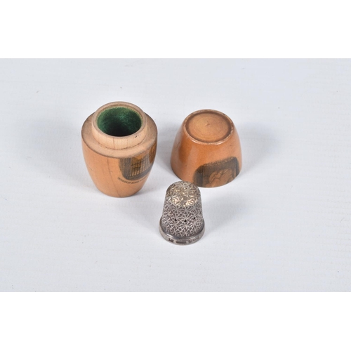 15 - THREE MAUCHLIN WARE SEWING ITEMS, to include a thimble holder with silver thimble hallmarked 'Henry ... 