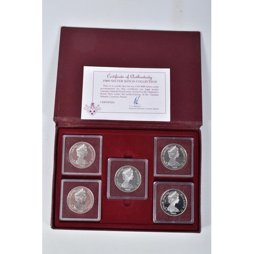 20 - A KINGS OF ENGLAND COLLECTION 1980, TWO BOOKS OF FIVE X CAYMEN ISLANDS PROOF $25 COINS, with certifi... 