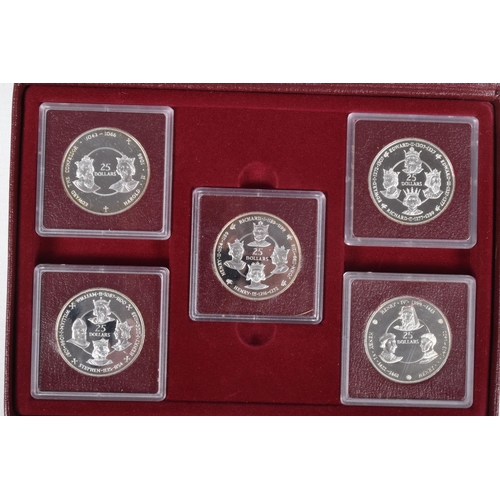 20 - A KINGS OF ENGLAND COLLECTION 1980, TWO BOOKS OF FIVE X CAYMEN ISLANDS PROOF $25 COINS, with certifi... 