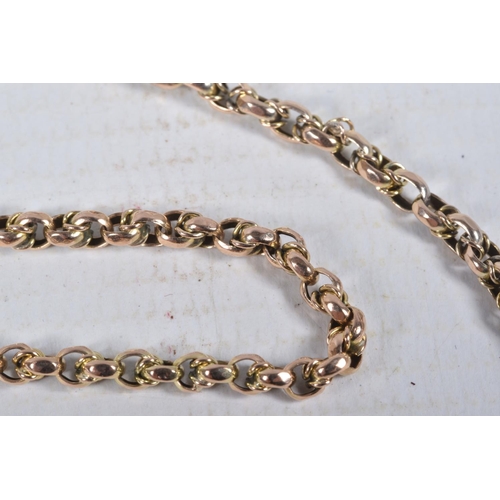 24 - A YELLOW METAL BELCHER CHAIN, fitted with a barrel clasp stamped 9ct, length 560mm, approximate gros... 