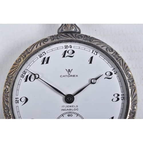 26 - A WHITE METAL 'CATOREX' OPEN FACE POCKET WATCH, manual wind, round white dial signed 'Catorex', Arab... 