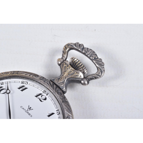 26 - A WHITE METAL 'CATOREX' OPEN FACE POCKET WATCH, manual wind, round white dial signed 'Catorex', Arab... 