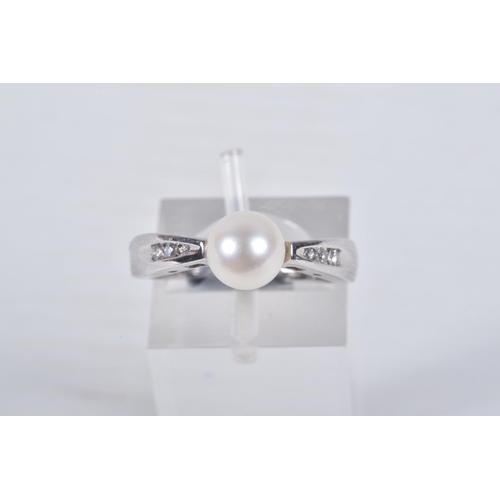 34 - A MODERN 9CT WHITE GOLD CULTURED PEARL AND DIAMOND RING, set with a cultured pearl, measuring approx... 