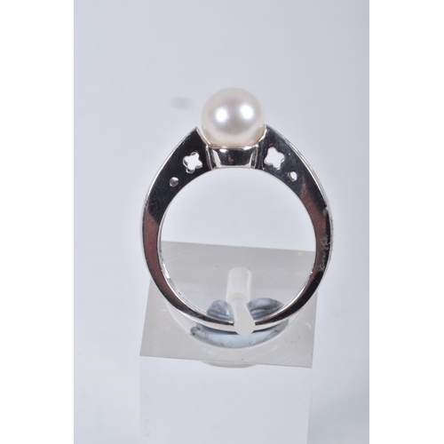 34 - A MODERN 9CT WHITE GOLD CULTURED PEARL AND DIAMOND RING, set with a cultured pearl, measuring approx... 