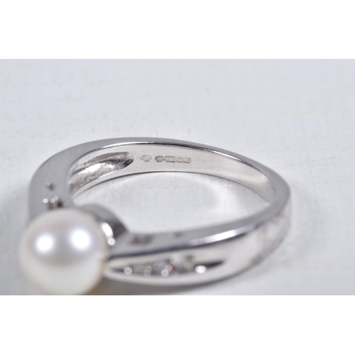 34 - A MODERN 9CT WHITE GOLD CULTURED PEARL AND DIAMOND RING, set with a cultured pearl, measuring approx... 