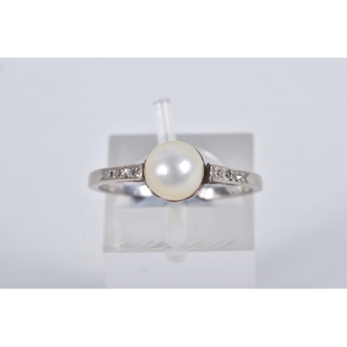 35 - A CULTURED PEARL AND DIAMOND RING, set with a cultured pearl, measuring approximately 6.7mm, to the ... 