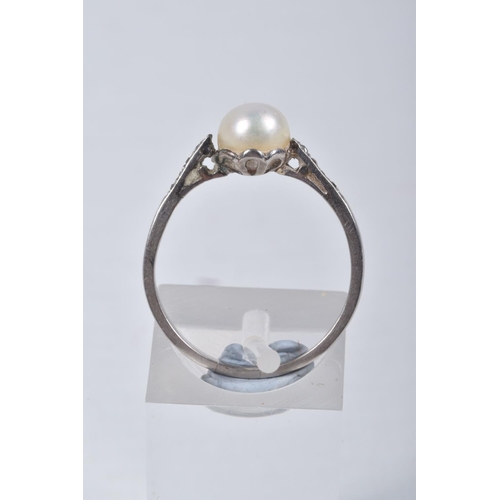 35 - A CULTURED PEARL AND DIAMOND RING, set with a cultured pearl, measuring approximately 6.7mm, to the ... 