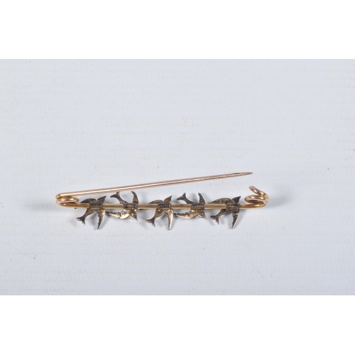 47 - A SWALLOW BAR BROOCH, designed as five swallows set with imitation split pearls and blue paste caboc... 