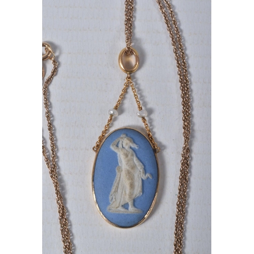 48 - A 9CT GOLD WEDGWOOD PENDANT NECKLACE, the oval Wedgwood pendant depicting a female figure, suspended... 