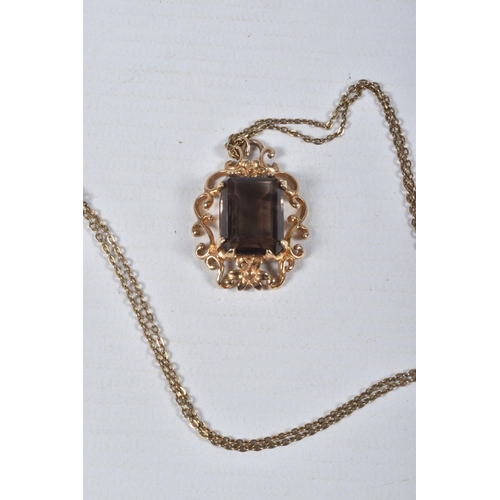 50 - A 9CT SMOKY QUARTZ PENDANT NECKLACE, the rectangular smoky quartz in a claw setting to the scrolling... 