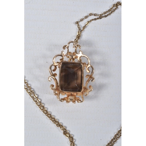 50 - A 9CT SMOKY QUARTZ PENDANT NECKLACE, the rectangular smoky quartz in a claw setting to the scrolling... 