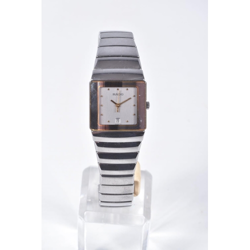 56 - A LADIES 'RADO' WRISTWATCH, quartz movement, square silver dial signed 'Rado', spot markers and gold... 