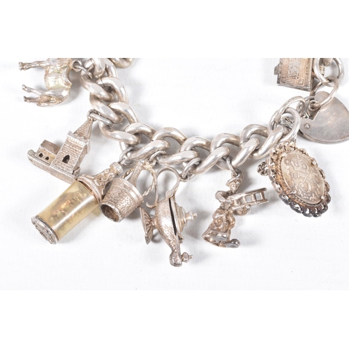 58 - A SILVER CHARM BRACELET, a heavy curb link bracelet fitted with a heart padlock clasp, hallmarked 'J... 