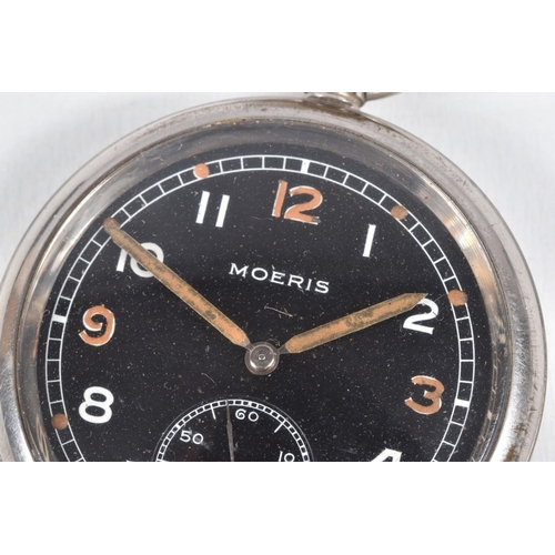 6 - A MILITARY 'MOERIS' OPEN FACE POCKET WATCH, manual wind, round black dial signed 'Moeris', Arabic nu... 