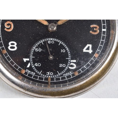 6 - A MILITARY 'MOERIS' OPEN FACE POCKET WATCH, manual wind, round black dial signed 'Moeris', Arabic nu... 