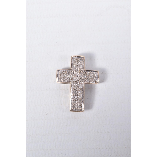 62 - THREE ITEMS OF JEWELLERY, to include a yellow metal diamond pave set cross pendant, stamped 9k, (mis... 