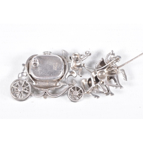 78 - A WHITE METAL WATCH BROOCH, designed as a carriage with a cherub and two horses, set with marcasite,... 