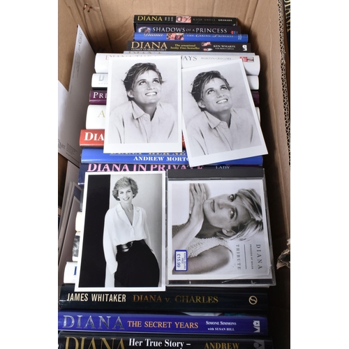 91 - TWO BOXES OF HARDBACK AND PAPERBACK BOOKS & EPHEMERA, mostly relating to Diana, Princess of Wales, t... 